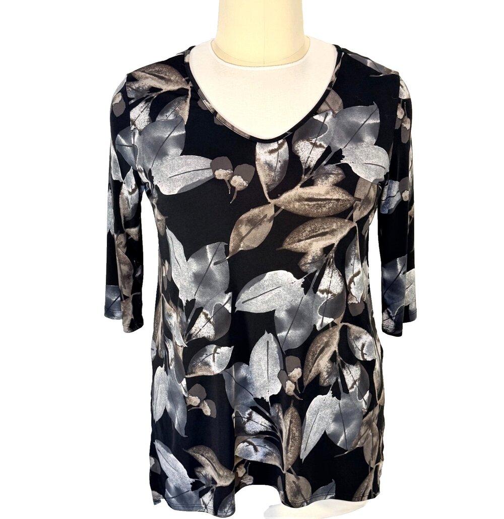 Clara Sun Woo Tunic Top Womens Xl Black And Taupe Leaf Print V-Neck 3/4 Sleeve